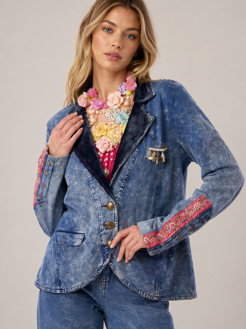 Aratta Washed Blue Denim Blazer with Pink Embroidered Sleeve Trim